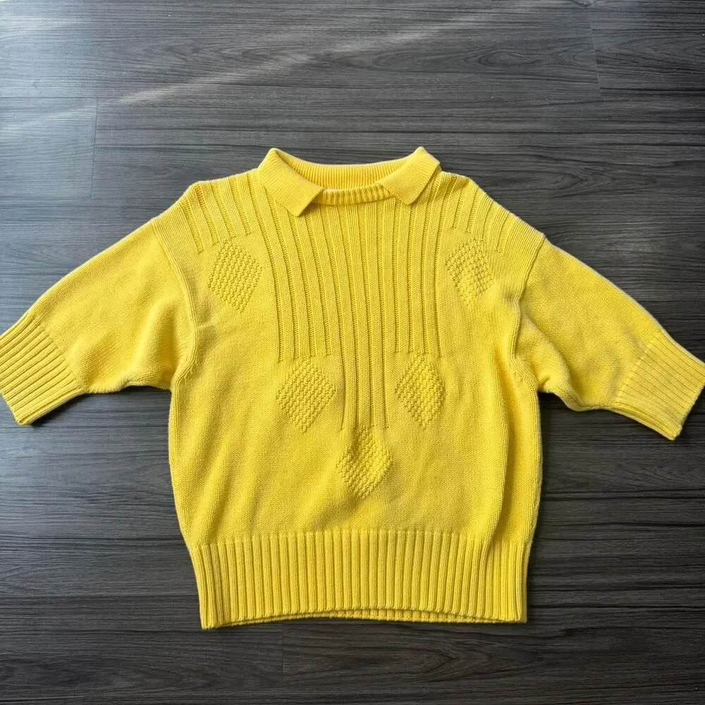 Vintage 80s Yellow Stephen Kean polo knit sweater Size Medium 100% Cotton
